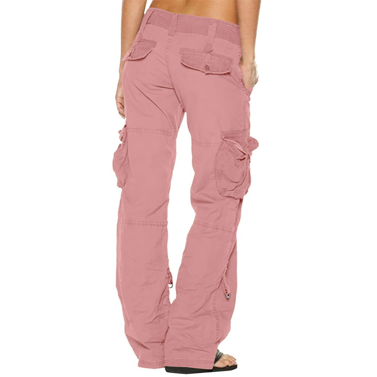 Cargo Pants Women Casual Solid Color Comfy Low Rise Pants for Women Fashion  Fitted Daily Trendy Womens Pants Wide Leg Lightweight Party Vacation Beach  Pants with Pocket（Pink,S） 