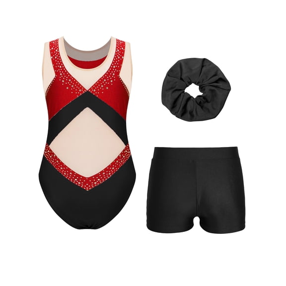 Aislor Kids Girls Sleeveless Gymnastics Leotards with Athletic Shorts and Hair Band Ballet Dance Outfits Red 4