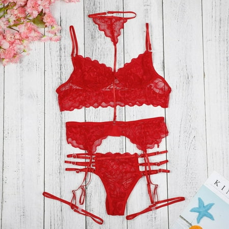 

nsendm Ladies Strap Lace Crochet Cutout Teddy Lingerie Embroidery Underwear 4 Piece Lingerie Set for Women Underwear Red XX-Large