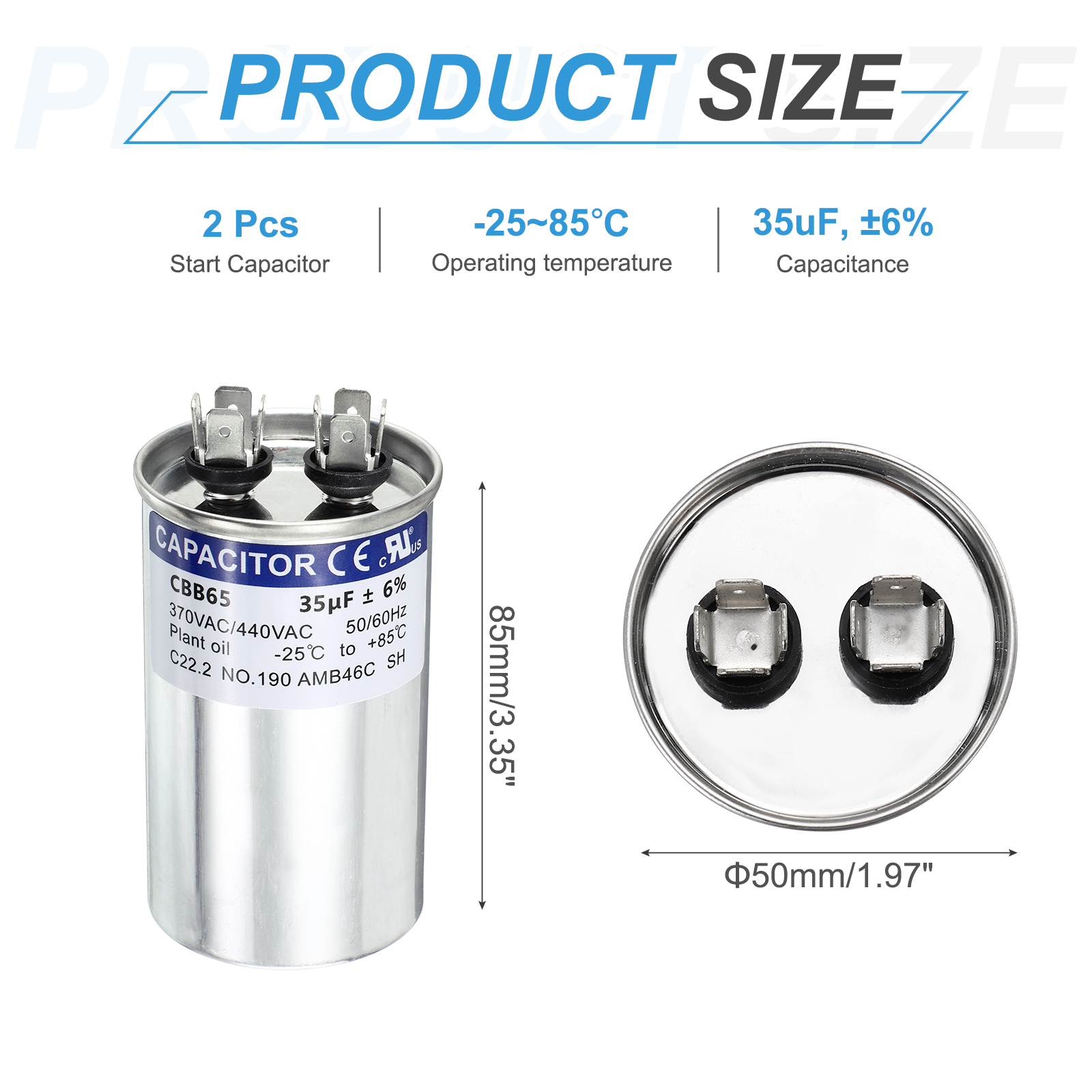 Uxcell 2Pcs 35MFD CBB65 Run Start Capacitor 35uF, 370/440V Round AC Capacitor for AC Motor Run, HVAC, Air Conditioner, Condenser Motors