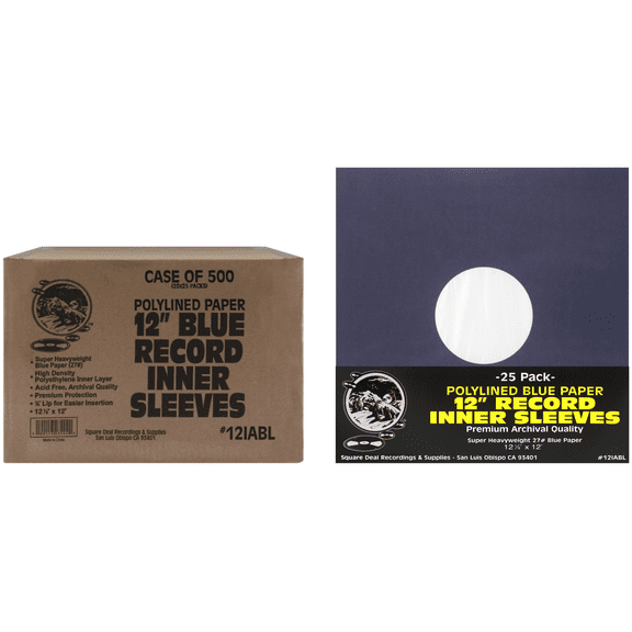 (500) 12 Premium Blue Polylined Record Inner Sleeves - Archival Quality, Heavyweight Paper & Plastic - 12IABL
