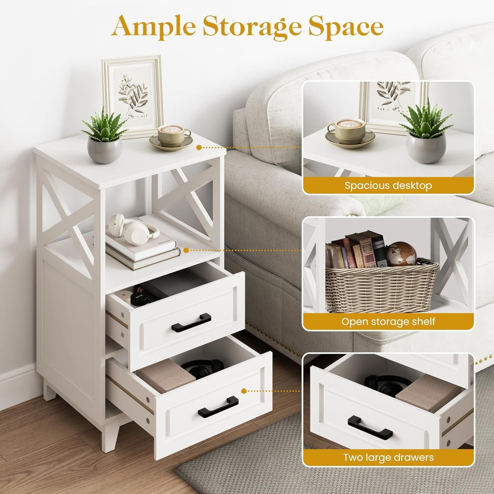 Cozy Home Tall Nightstand with 2 Drawers and Open Shelf, 2 Piece, White