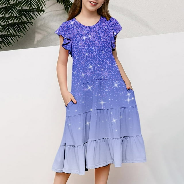 Girls Dresses - Elegant Summer Round Neck Ruffle Sleeve Layered A-Line Casual Gradient Dress for Young Girls