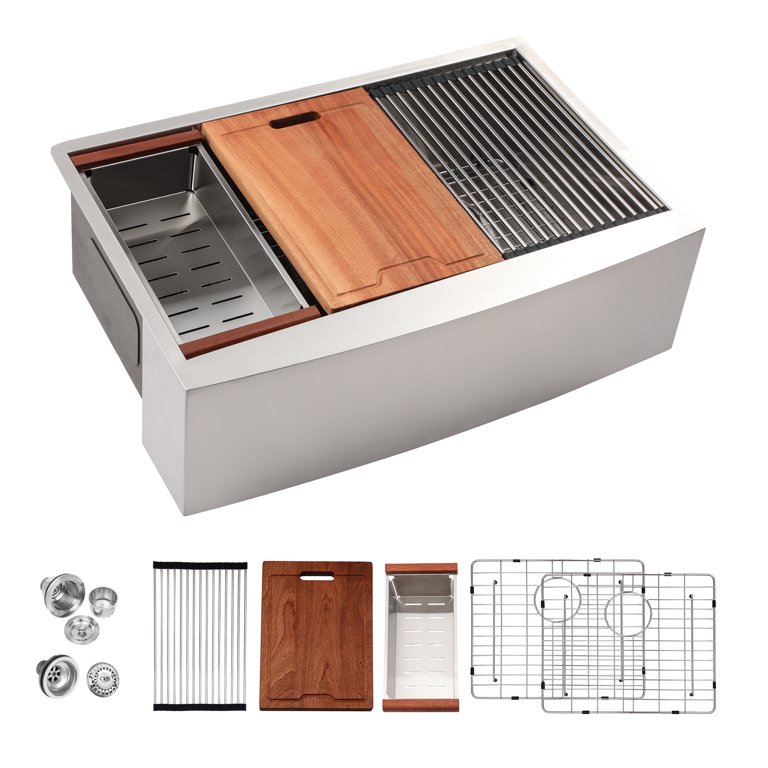 Lordear 33 in. Farmhouse/Apron-Front Double Bowl 16 Guage Stainless Steel Workstation Kitchen Sink with Low Divider, Stainless Steel Brushed