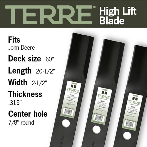 Terre Products, 3 Pack Hi Lift Lawn Mower Blades, 60 Inch Deck, Compatible with John Deere, Replacement for AM100538, M141785, M87622
