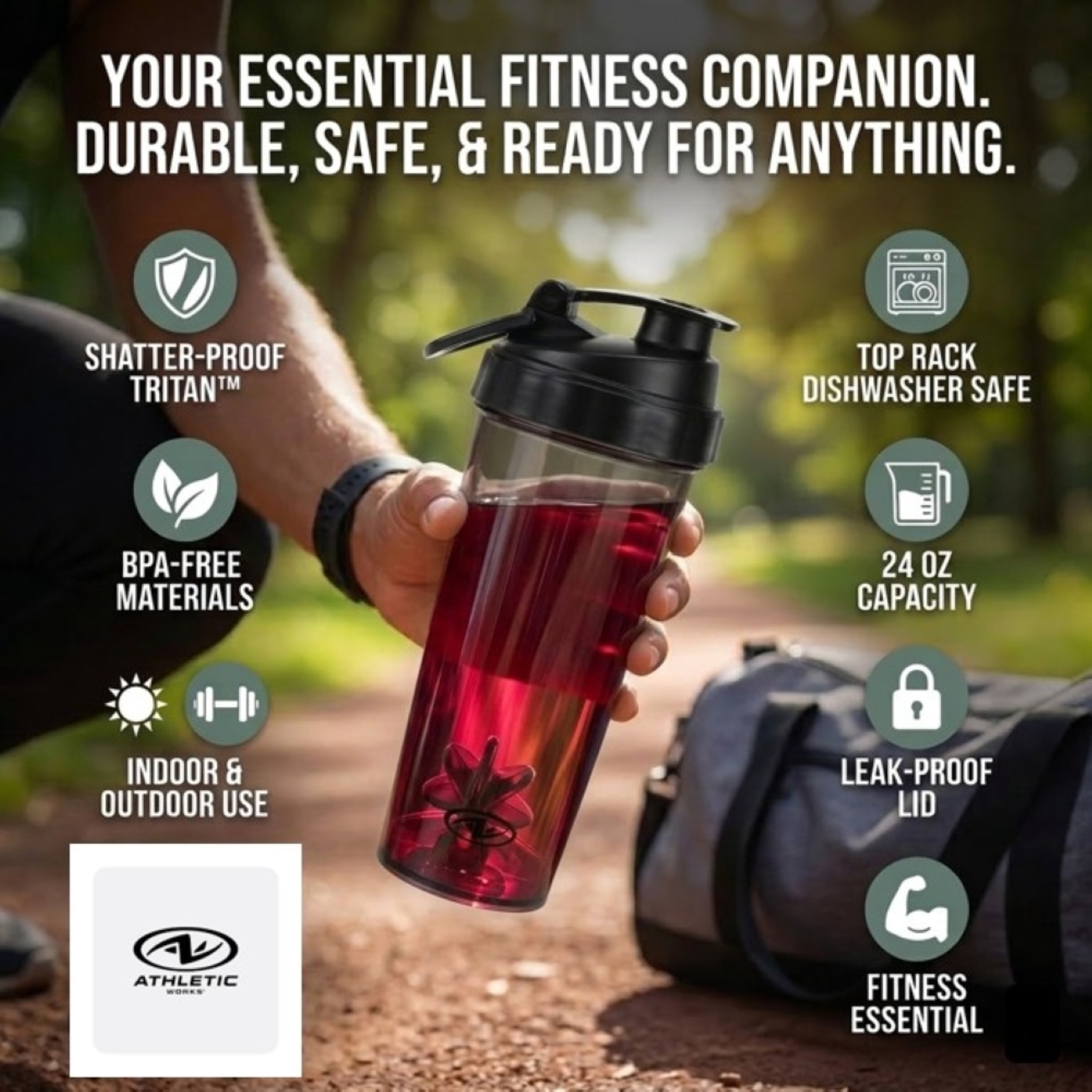 Athletic Works 24 oz Black Tinted Fitness Shaker Bottle - Tritan, Bpa-Free