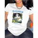 thumbnail image 1 of Everyday Comfort) Women's "EXLORES" Cat Graphic Tee - Casual & Sporty Round Neck Short Sleeve, Comfortable Polyester-Spandex Blend, Machine Washable Summer Top in Black, Sporty T-shirt|Playful Cat Pr, 1 of 6