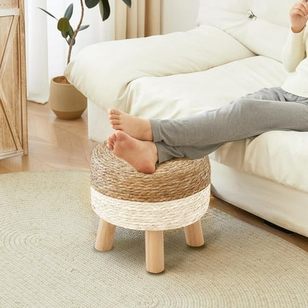Round Ottoman, Natural Seagrass Footstool with 4 Wood Legs, Multifunctional Modern Dressing Stool and Sofa Side Table for Bedroom (White)