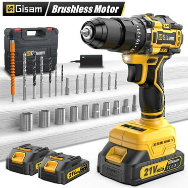 Gisam 3/8” Brushless Drill/Driver Kit,21V 55Nm Max 23 3 Torque 2 Speed Cordless Hammer Drill with 2x2.0Ah Battery ,24 Accessories