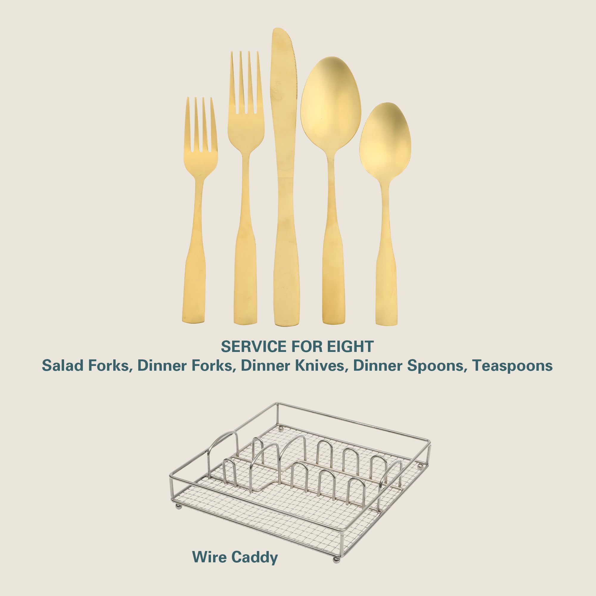 Gibson Home 144315.41 Abbeville Stainless Steel Flatware Set with Wire Caddy, Gold - 41 Piece