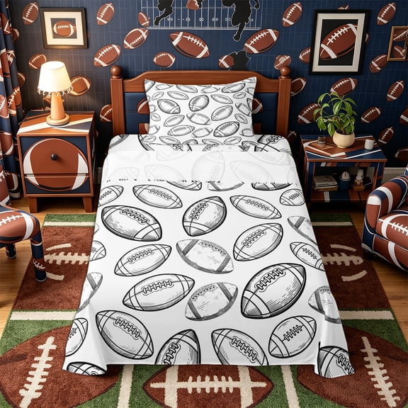 Castle Fairy Football Print Twin Sheets 3pcs, Sport Theme Bedding, White Black,1 Fitted Sheet, 1 Flat Sheet and 1 Pillowcase