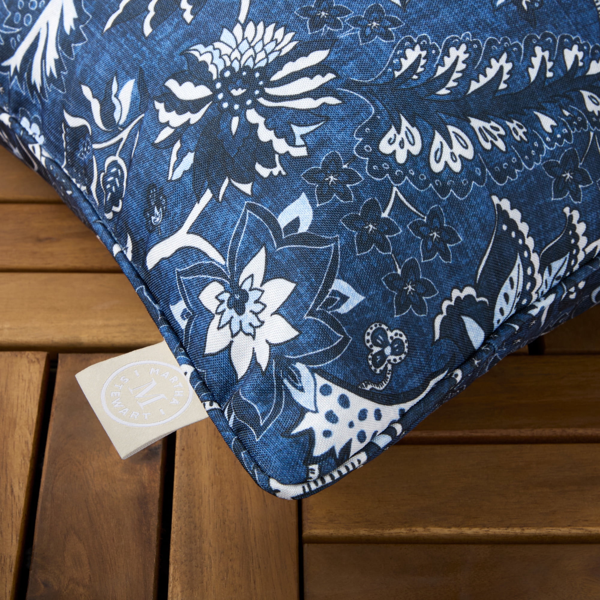 MARTHA STEWART Distressed Jacobean Indoor Outdoor Decorative Pillow 2-Pack Set, UV Fade Resistant, Water Repellent, Printed Floral Design, Navy Blue, 18"x18"