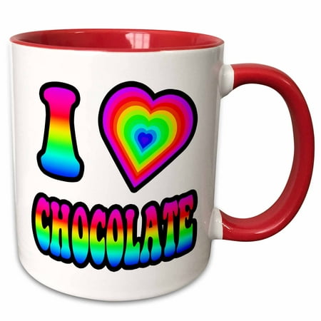 3dRose Groovy Hippie Rainbow I Heart Love Chocolate - Two Tone Red Mug,