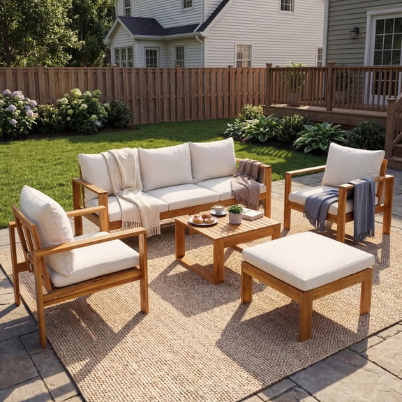 Outdoor 5-Piece Acacia Wood Sectional Patio Sofa Set, Complete Seating with Coffee Table & Ottoman for Garden Backyard Deck, Teak Beige