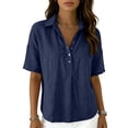 thumbnail image 5 of Dweltoz Blouses for Women Buttons Collared Short Sleeve Lightweigth Casual Work Blouses V Neck Solid Golf Tee Shirts,Navy 2XL, 5 of 7