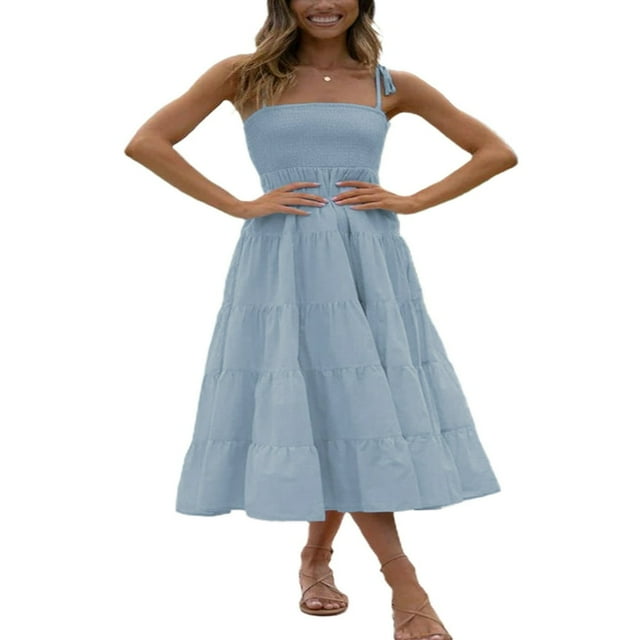 Robe Maxi d'Été pour Femmes Décontractée Sans Manches à Bretelles Spaghetti Froncée Évasée Longue de Plage pour le Soleil