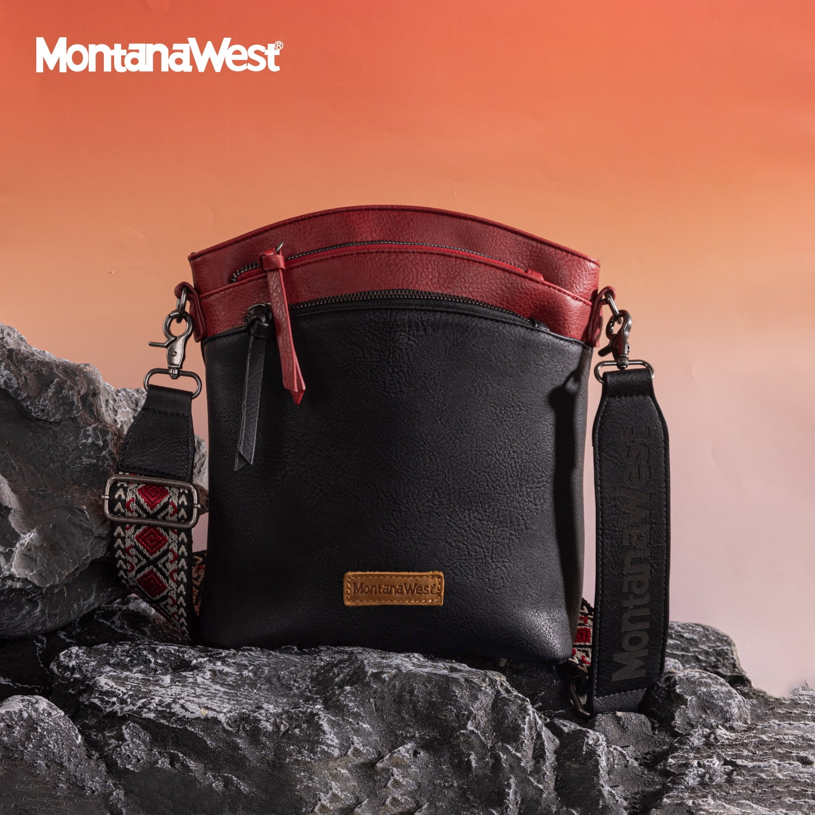 Montana West Multi Zip Pocket Large Crossbody Bag With Guitar Strap, Brown/Red