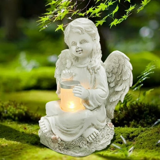 Estatua de Ángel para , luz con energía Solar, estatua decorativa Solar, decoración de jardín al aire libre, adorno, lámpara Niña Soledad Estatuilla de ángel