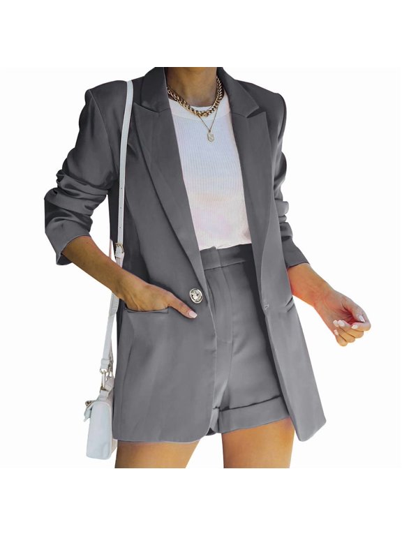 Women Suit Sets for Women 2 Piece Outfits for Women, Long Sleeve Solid Color Blazer with Pockets Shorts Suit Sets, Open Front Blazer and Short Pants Suit Sets,M,Gray