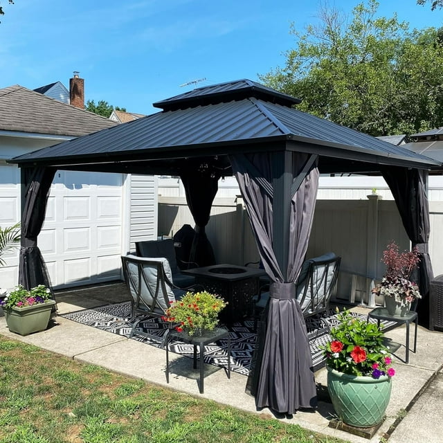 PURPLE LEAF Pavillon à Toit Rigide Permanent 12 Pieds x 14 Pieds, Cadre en Aluminium, avec Double Toit en Acier Galvanisé, Résistant aux UV pour Cour, Terrasse, Pelouse et Jardin, Moustiquaire et Rideaux Inclus - Gris
