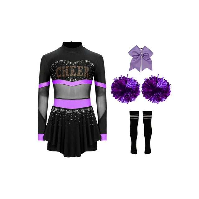 dPois Costume de Cheerleading pour Filles Déguisement d'Halloween Robe de Fantaisie Cheerleader Uniforme de Cosplay Rave Robe de Fête de Danse Violet A 10