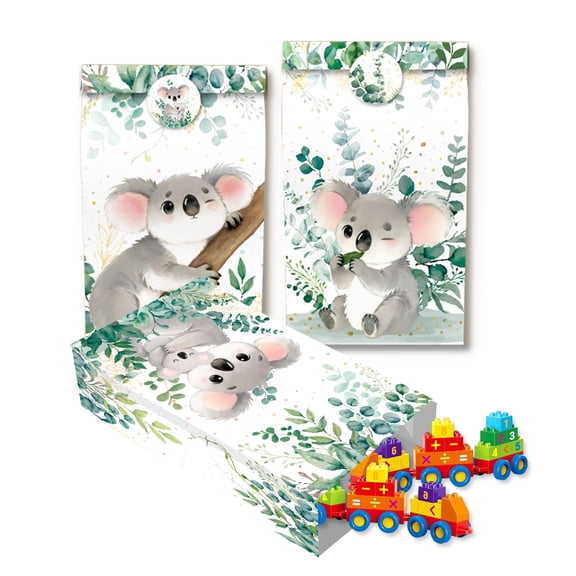 Koala Theme Party Paper Bags - 12 Pack Cute Jungle Design with DIY Decorative Stickers for Celebrations