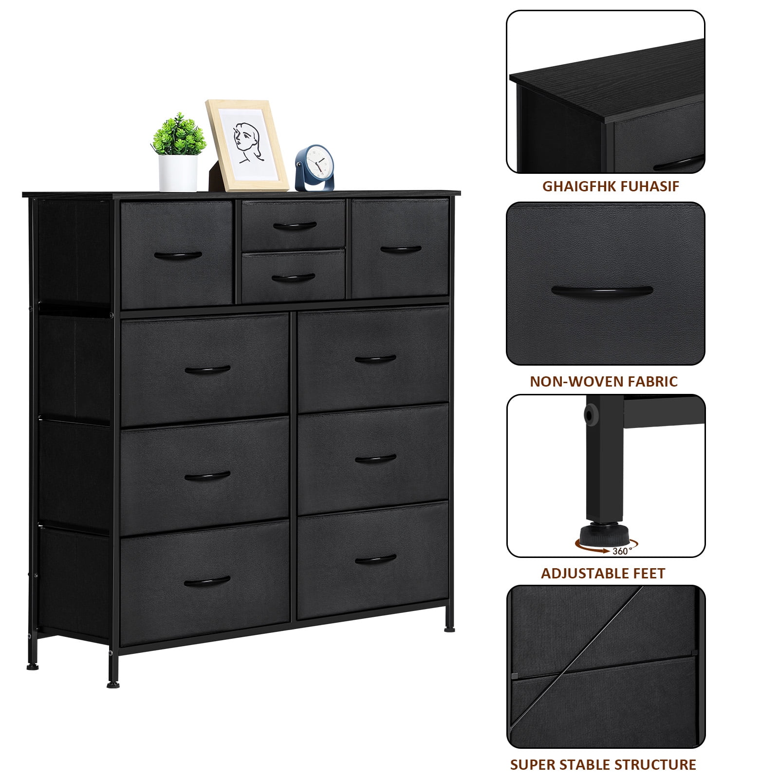 Oumilen Adult Dresser with 10 Non-Woven Drawers Small Chest of Drawers, Black