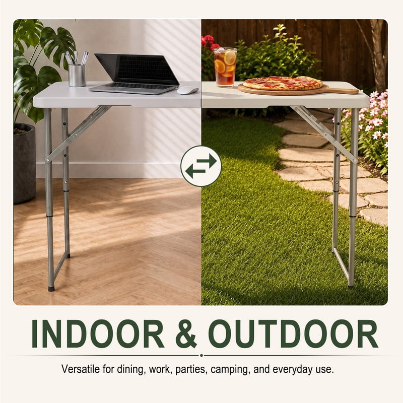 INTRTLOCKINGING TILES 4FT Folding Table, Height Adjustable Portable Plastic Folding Table with Carry Handle, Heavy Duty Indoor Outdoor Utility Table for Camping, Picnic, Party, Home Office