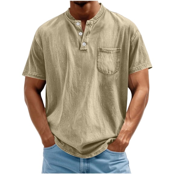 ZCFZJW Distressed Henley Shirts for Men Acid Washed Oversized T Shirts Short Sleeve Three Button V Neck Summer Tops Stylish Vintage Plain Tees Shirts with Pockets Khaki XXL