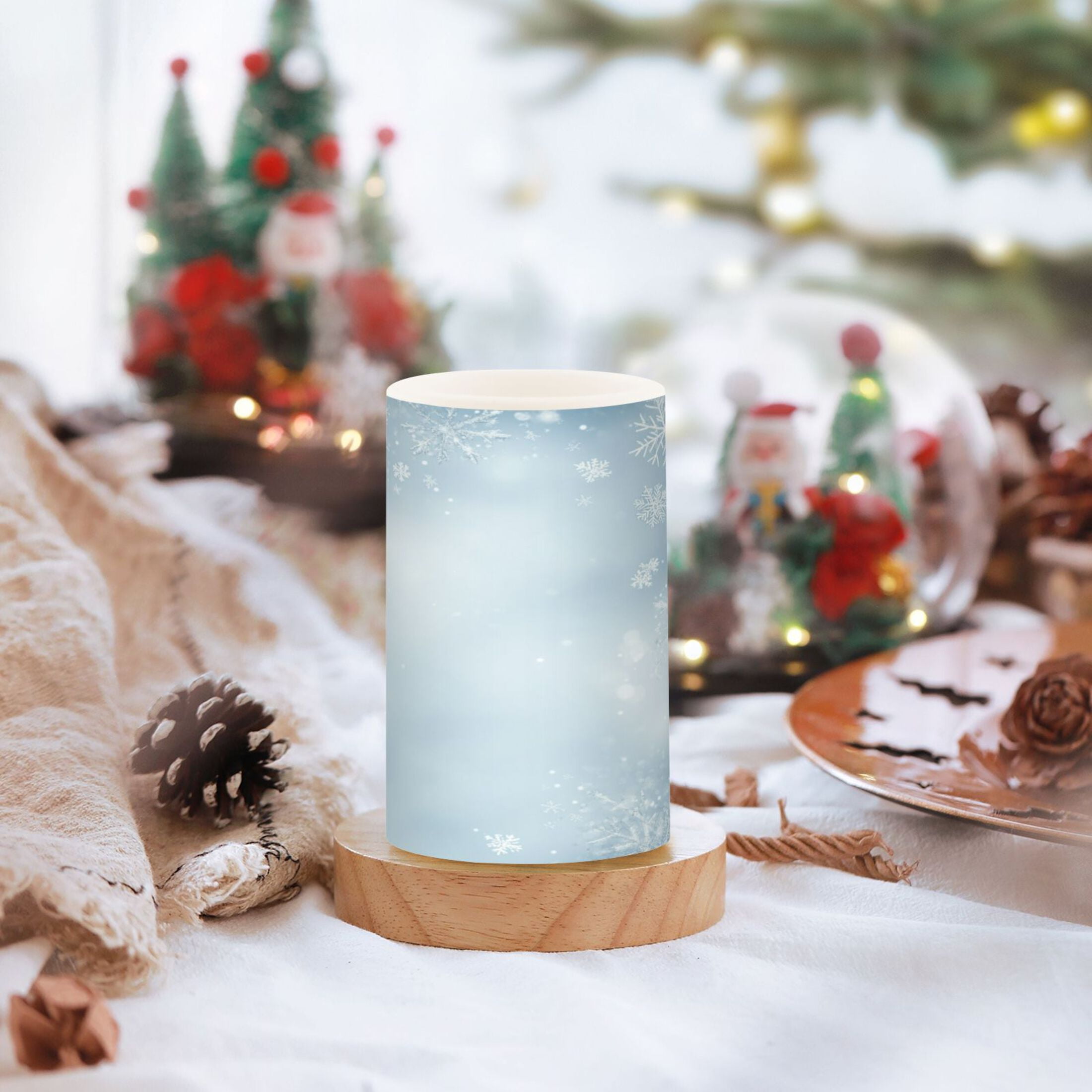 WOBOGO Size Combo Candle Flickering Flameless with Remote Control and Timer for Romantic Atmosphere Light Blue Background with Snowflakes