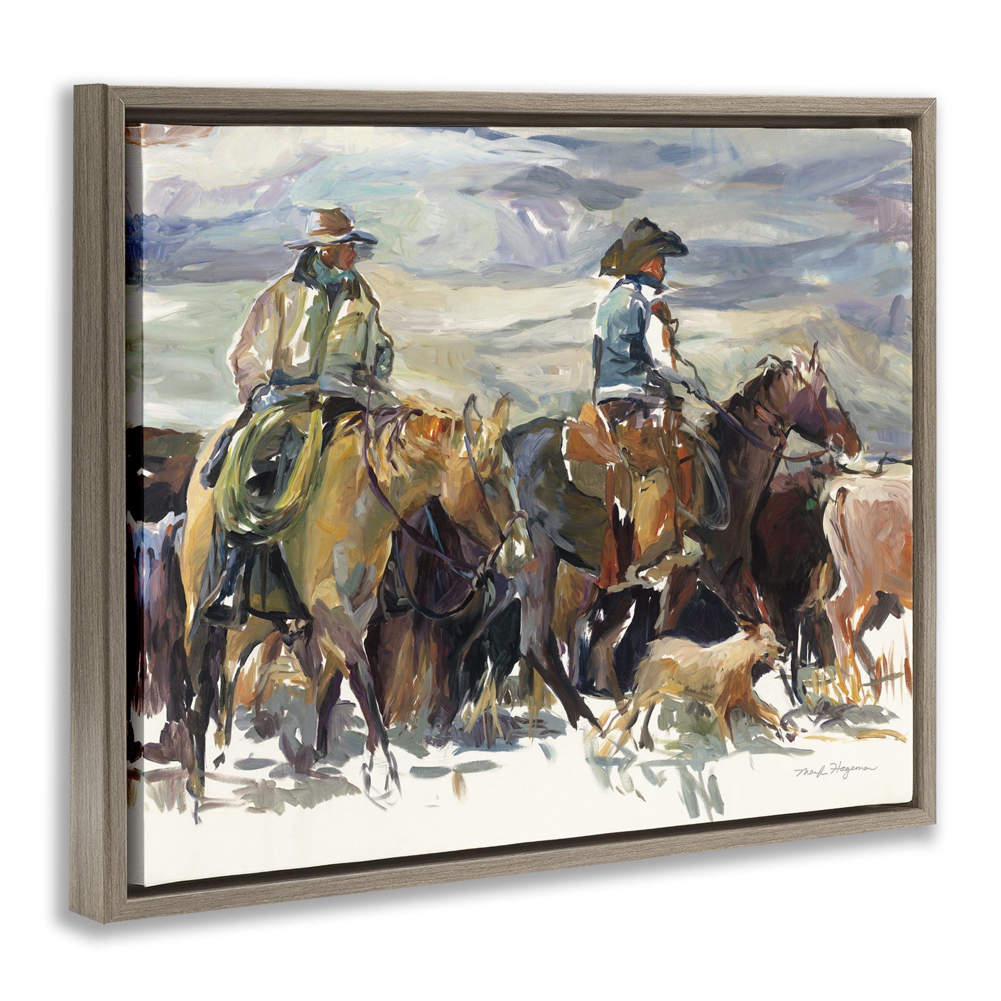Stupell Industries The Roundup Western Painting Animals Painting Brown Floater Framed Canvas Art Print Wall Art, 21 x 17