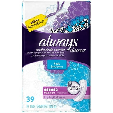 Always Discreet Incontinence Pads, Maximum Absorbency, Long, 39 Ct, Pack of 3