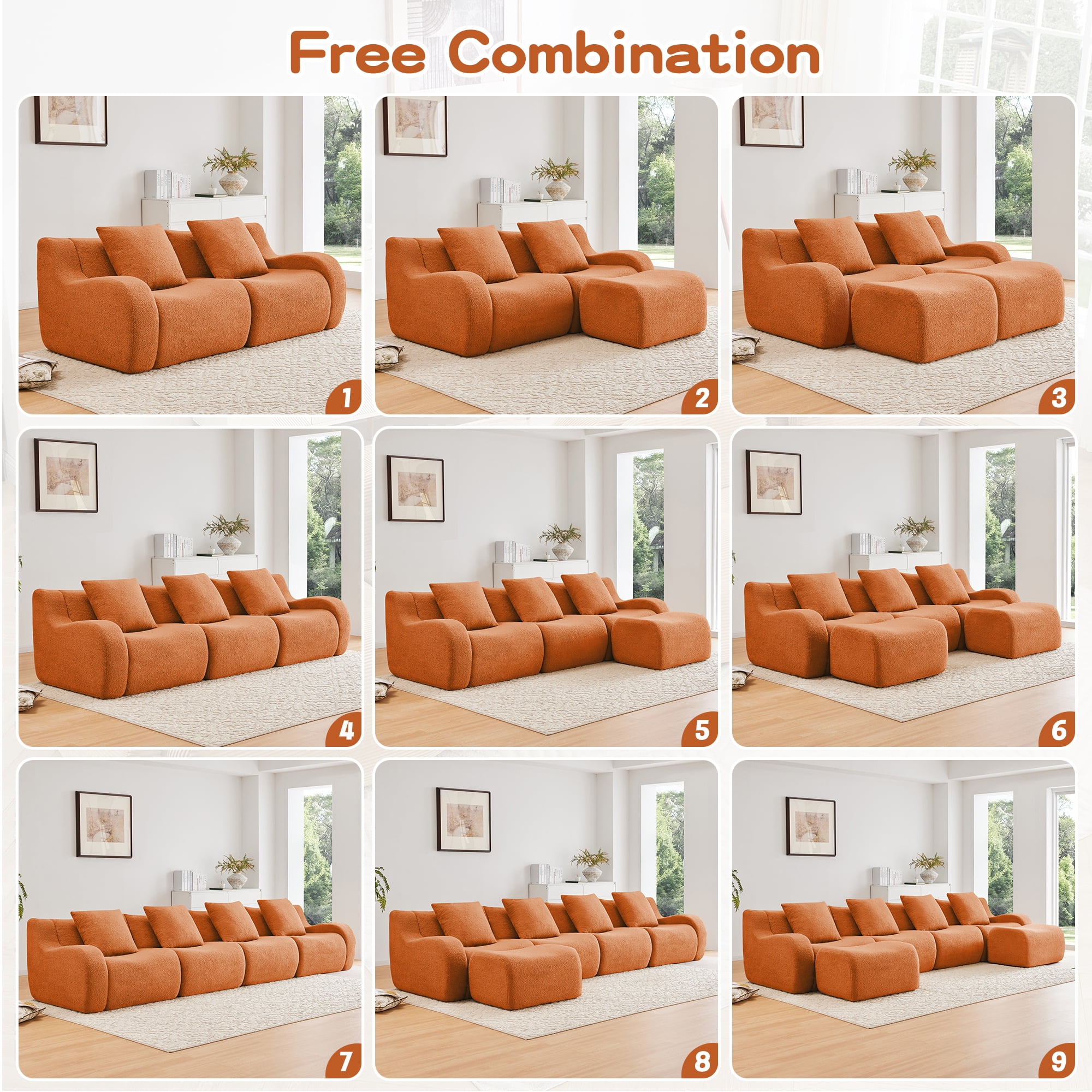 MAYEERTY 115.3" 3-Seat Teddy Fabric Boneless Sofa, Orange 300lbs/seat 32D Foam No Assembly Curved Armrest Couch for Living Room Bedroom