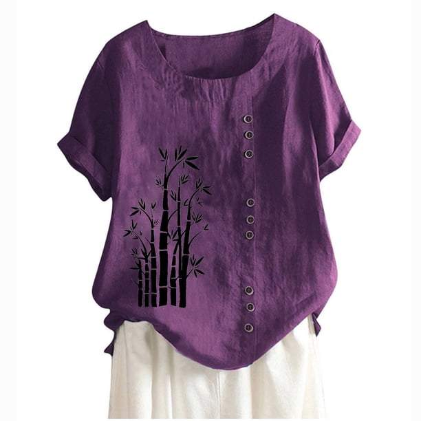 Camiseta Casual de Manga Corta con Botón de Cuello Redondo de las Mujeres, Tops Cortos para las Mujeres