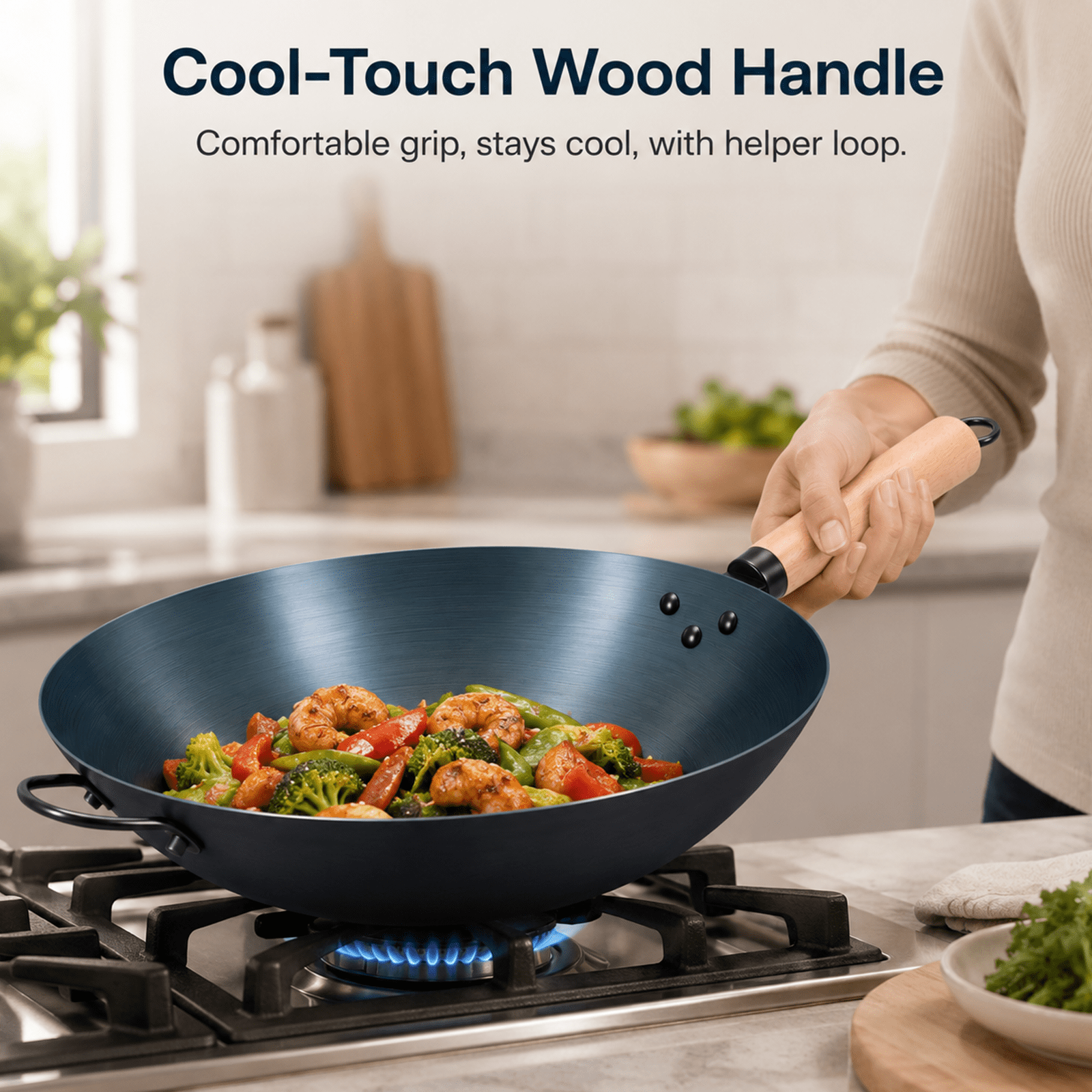 Alvantor 13.8" Carbon Steel Wok Pan, Pre-Seasoned Flat Bottom Pow Wok for Family Meals and Camping, No Chemical Coating, Compatible with Induction, Electric, Gas, Open Fire
