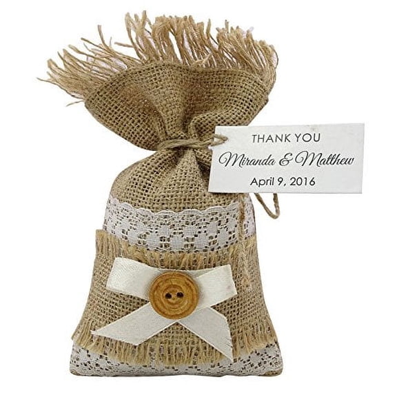 20 Jute Drawstring Bag Pouches With Custom Tag Wedding Small Net Favor Bags Rustic Party Favor Burlap Sack 4" x 6.5" inches