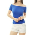 thumbnail image 6 of MODA NOVA Juniors Slim Fit Short Sleeves Off the Shoulder Summer Cropped Top Royal Blue L, 6 of 7
