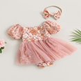 thumbnail image 3 of Baby Romper Dress Flower Print Boat Neck Short Puff Sleeve Jumpsuits, 3 of 8