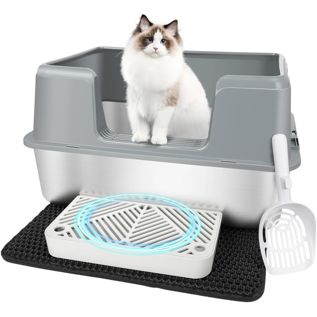 Caja de arena para gatos Vivifying XL de acero inoxidable con cuchara, color gris