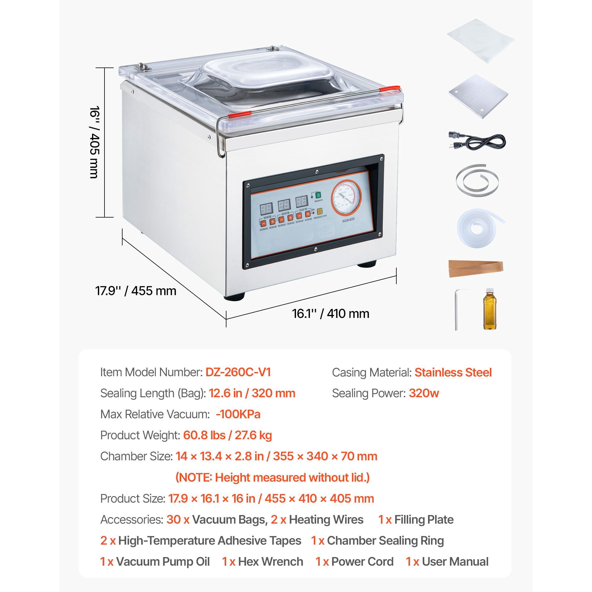 Chamber Vacuum Sealer, 320W Sealing Power, Vacuum Packing Machine for Wet Foods, Meats, Marinades and More, Compact Size with 12.6 in Sealing Length, Applied in Home Kitchen and Commercial Use