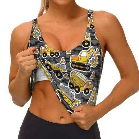 Qokaie Excavator At Work Pattern Womens Scoop Neck Sports Bra Breathable Workout Vest Padded U Back Medium Impact Fitness Gym Yoga Bra Workout Crop Top