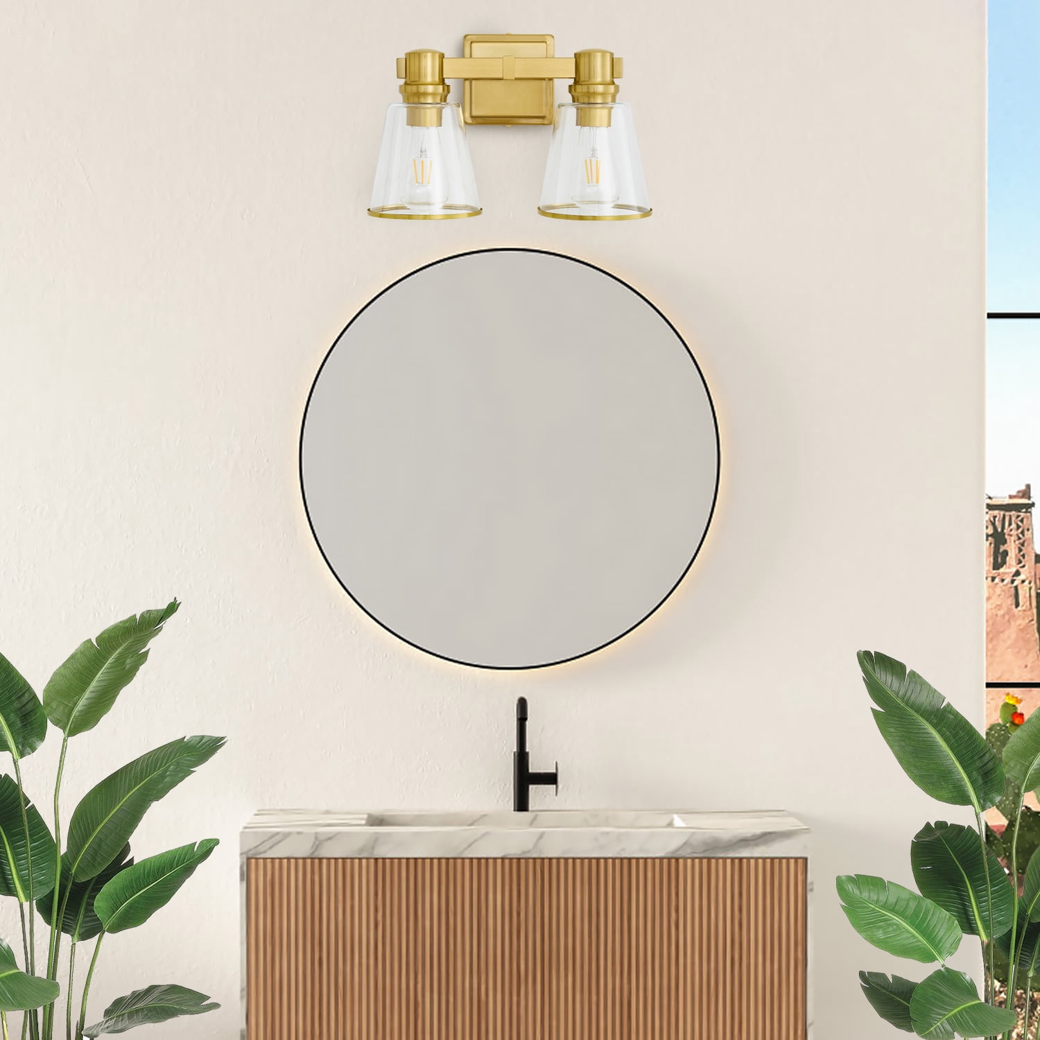 Deyidn 2-Light Gold Mid Century Modern Wall Sconce Vanity Lights with Clear Glass Shades