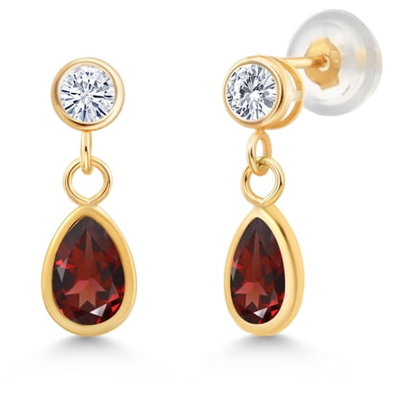 Gem Stone King 14K Yellow Gold Red Garnet and White Moissanite Dangle Earrings for Women (1.18 Cttw, Gemstone January Birthstone, Pear Shape 6X4MM, Round 3MM)