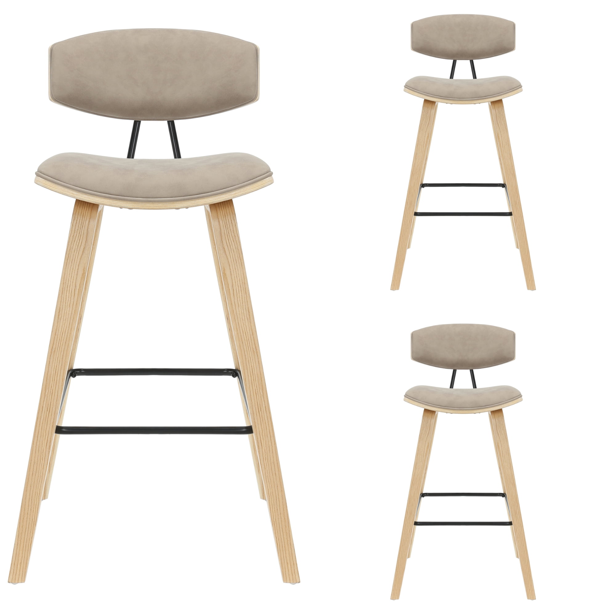 Fox 38 in. H Bar Height Vintage Taupe Curved Back Wood Bar Stool with Faux Leather Seat Set of 3