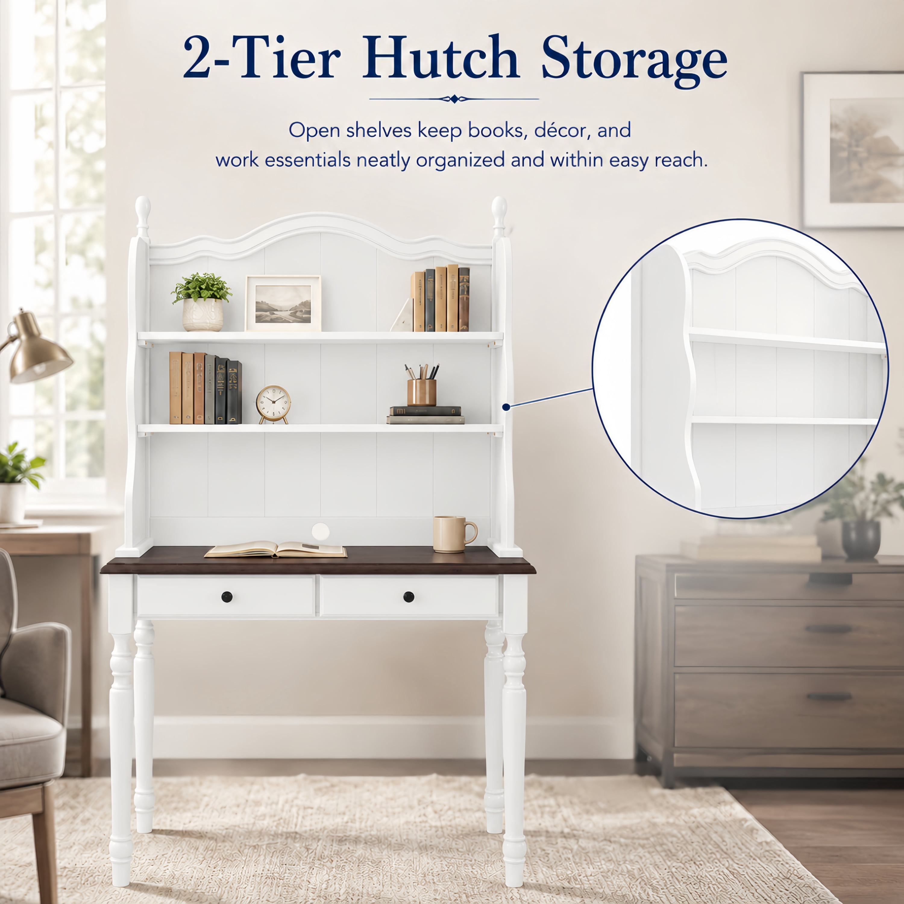 Euroco Mid-Century Computer Desk with Hutch and 2 Drawers, Wood Writing Desk Dressing Table,Study Workstation Table for Home Office Bedroom,Small Space,White