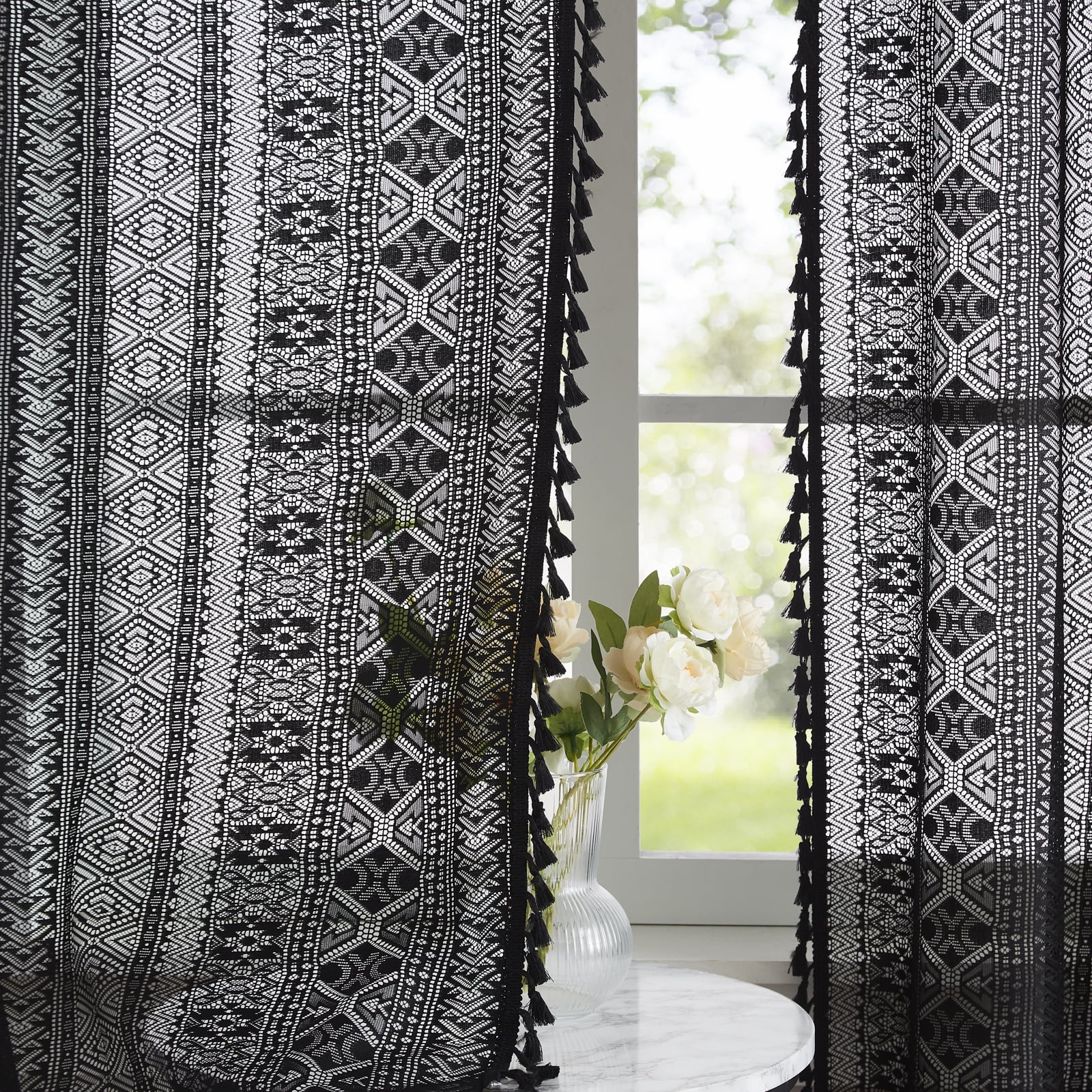 Bohogeo Black Linen Textured Tassel Sheer Lace Curtain Panels, Chic Crochet Geometry Knitting Rod Pocket Window Drapes for Living Room Bedroom, 2 Panels,63" L x 40" W