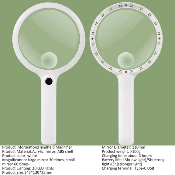 Handheld Magnifier 3Lighting Modes Rechargeable Illuminated Magnifying Glass Portable Magnifier for Reading Repair 110mm,1 * handheld magnifier,White