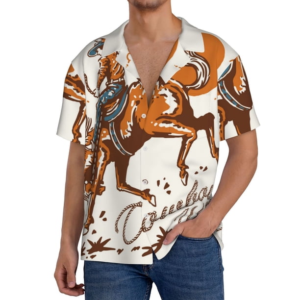 Fotbe Cowboy Riding Horse Camisa Estampada de Manga Corta para Hombre, Casual de Verano, Estilo Playero, Sin Arrugas-3X-Large