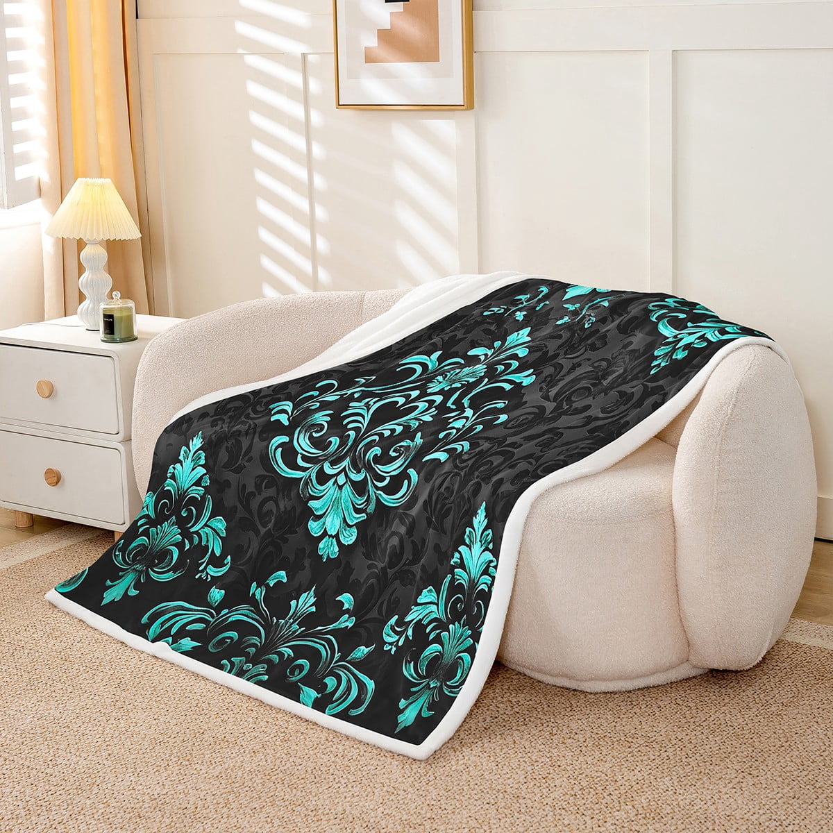Manfei Bohemian Damask Throw Blanket for Couch 50x60, Black Cyan Plush Blanket, Victorian Flower Flannel Throw, Breathable Bedroom Decoration