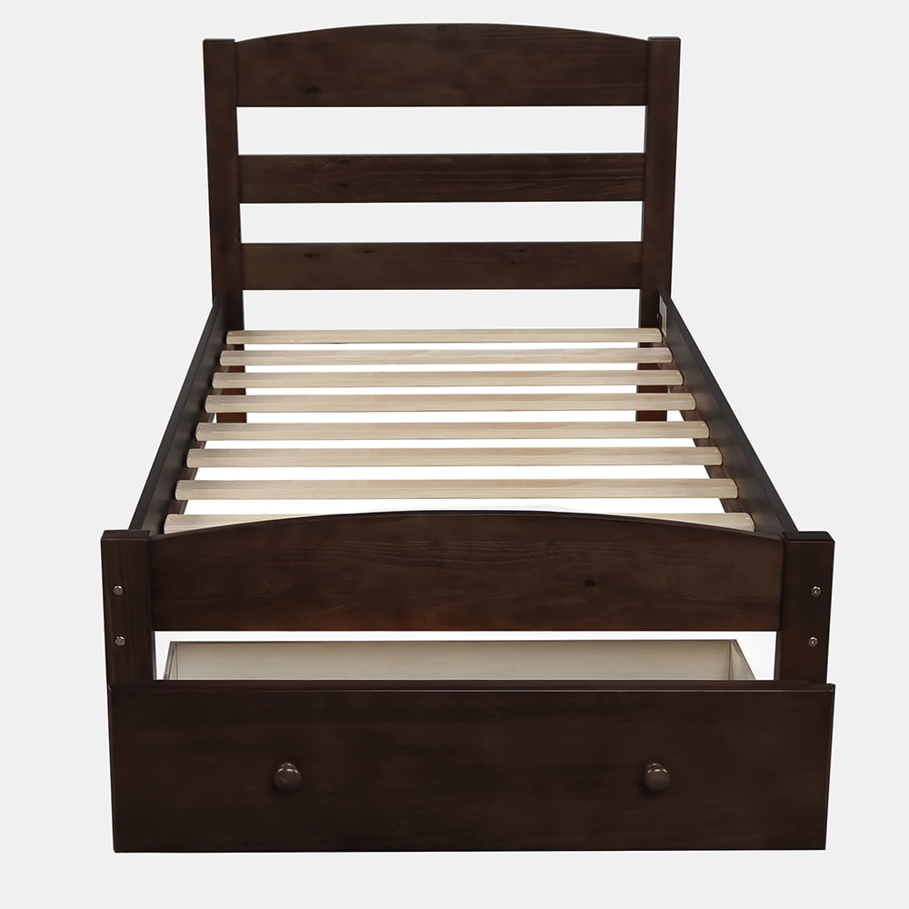 Twin Platform Beds with Storage Drawers, Wood Bed Frame with Slat Support, Espresso Twin Platform Beds with Storage Drawers, Wood Bed Frame with Slat Support, Espresso